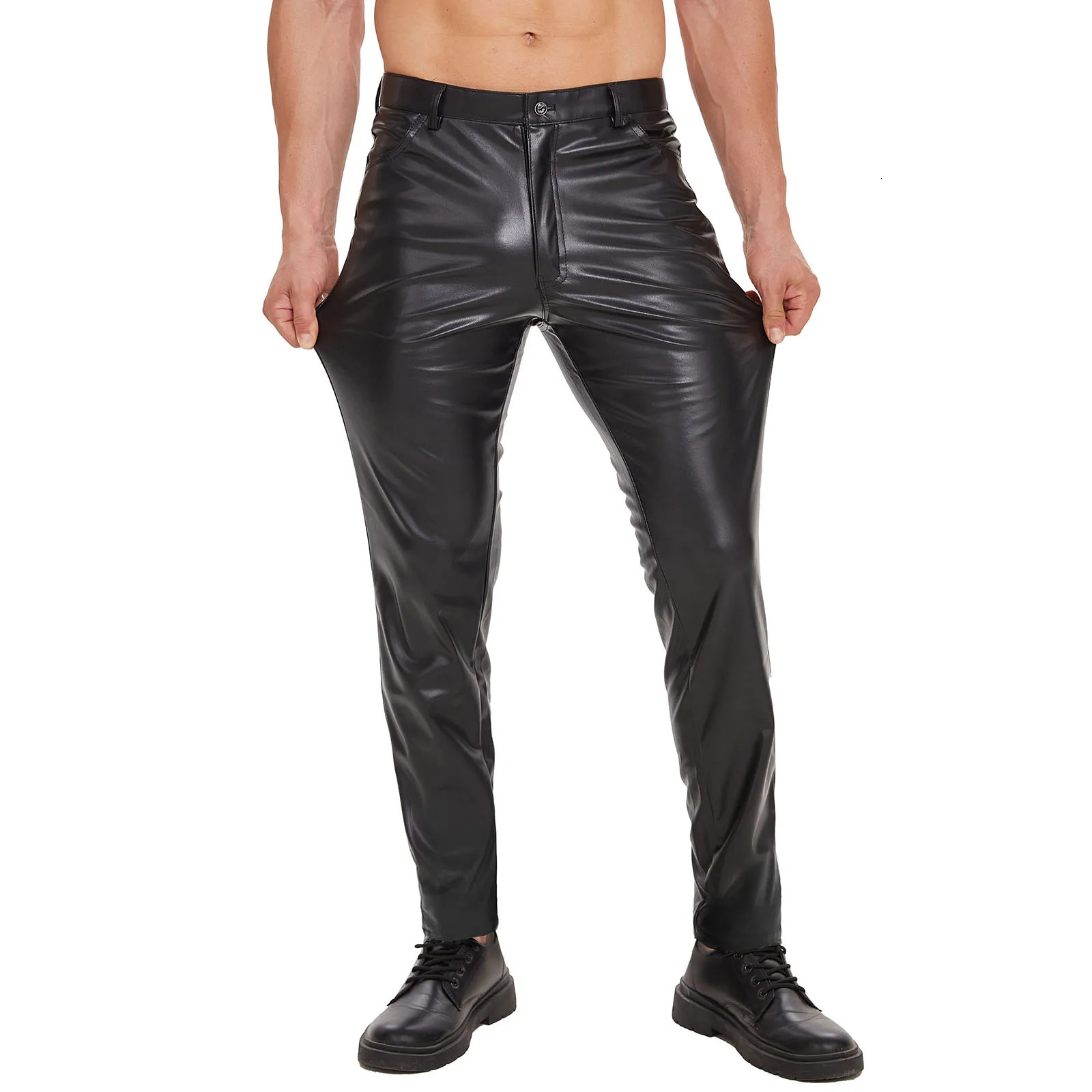 Men Shiny Leather Straight Pants Sexy Zipper Open Crotch Soft Matte Leather Casual Trousers Male High Elastic Shaping Leggings 250103