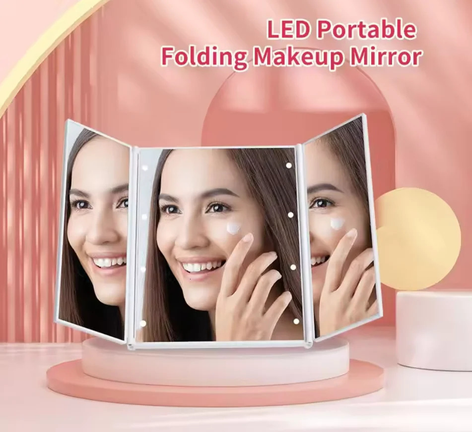 Portable LED Three Sided Makeup Mirror with Folding n Travel Handheld Compact Vanity Cosmetic Mirror with Adjustable Stand 250103
