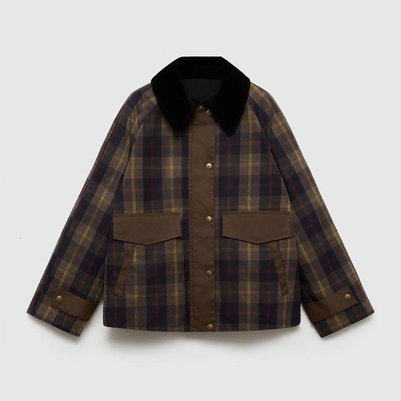 Vintage Plaid Patchwork Women Jacket Lapel Full Sleeves Covered Button Zippers Female Coat 2024 Autumn Fashion Street Outwear