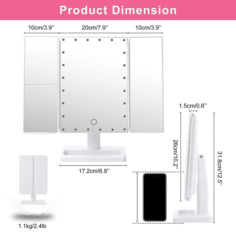 Trifold Makeup Mirror With 22 LED Lights10X/3X/2X Magnification Portable Fold Lighted Table Desk Cosmetic Mirror 250103