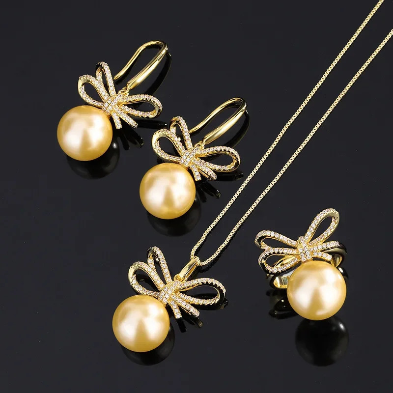 S925 Silver Plated 18K Gold Plated PT950 Platinum Light Gold Shell Beads Korean Style Bow Diamond Set for Women 14mm 250102