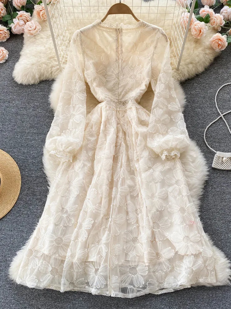 XFPV Womens Elegant Warm Long Sleeve A-line V-neck Lace Dress Vestdos Y2k Korean Fashion Trend Autumn 2025 SM11939 250103