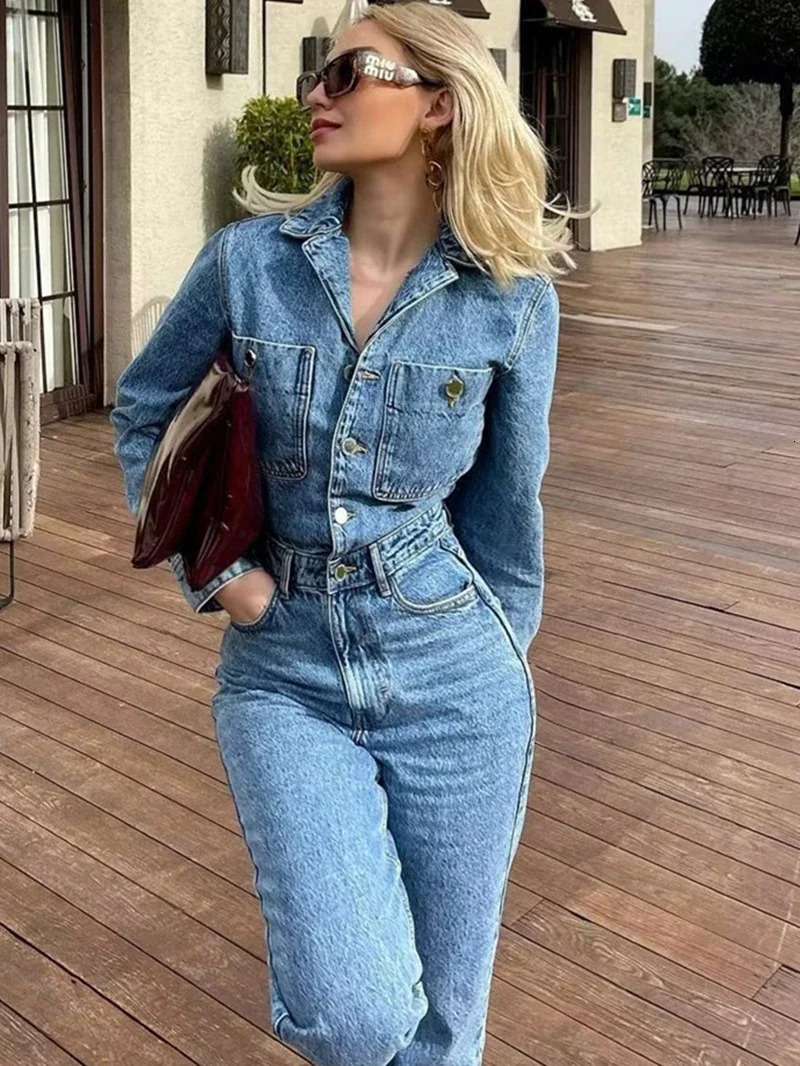 Streetwear Jeans Jumpsuits Fall Clothes Women Full Sleeve Long Pants Denim Rompers Playsuits One Pieces Set Overalls Outfit 241230