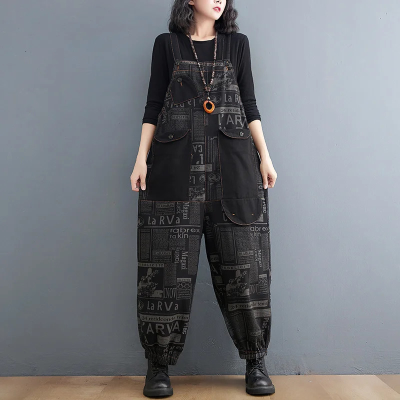 #1433 Denim Jumpsuit Women Rompers Loose Straight Harem Jeans Jumpsuits Femme Big Pockets Loose Printed Long Jumpsuits Vintage 241230