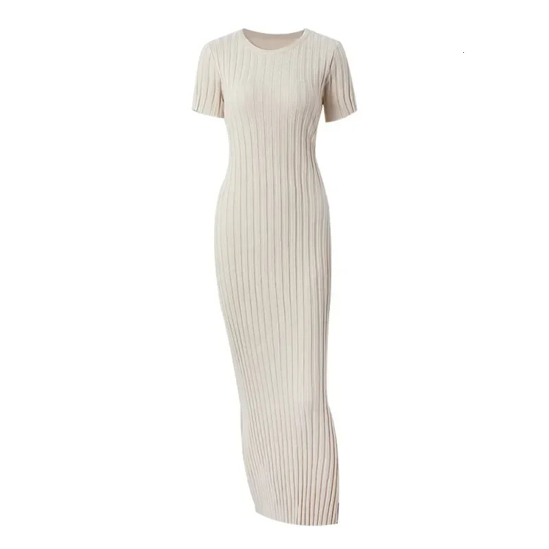 Ladies Knitted Short Sleeve Pleated Long Dress Fashion Spring Summer Women Dress Hip Package O Neck Female Vestidos 250102