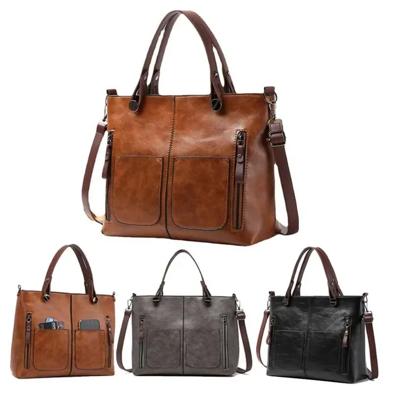 Large Capacity Shoulder Bag Vintage PU Leather Multi-Pocket Tote Bag Adjustable Shoulder Strap Crossbody Bag Women handbags 241231