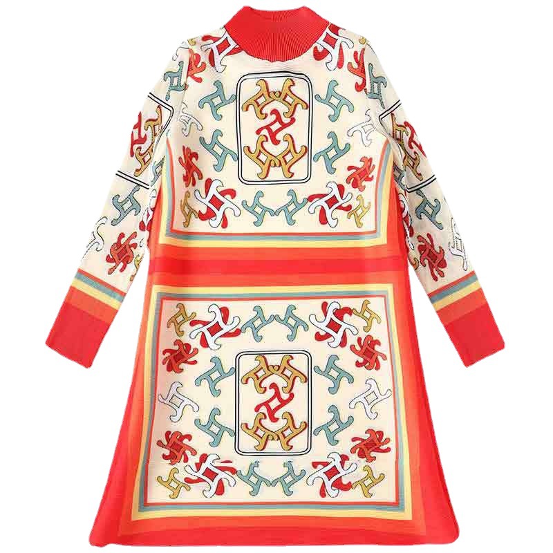 (159) Retro printed flesh-covering spring and summer women's dress loose long-sleeved high-neck skirt