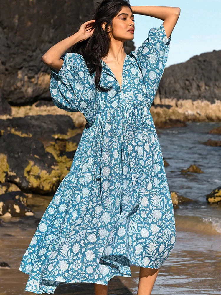 Fitting Behemian Retro Beach Dress Womens Pareo Holiday Lantern Sleeve Midi Dress Womens Clothing Bohemian Tank Top Summer 250103