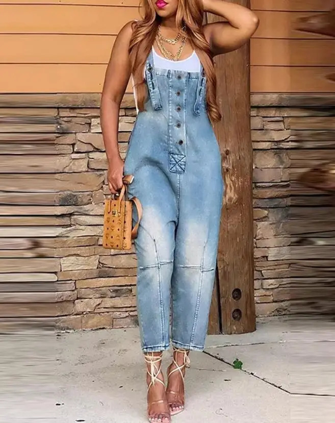 Denim Jumpsuit Womens Overall Fashion Split Loose Wide Leg Pocket Button Slim Blue Suspenders Vintage Womens jumpsuit 241230