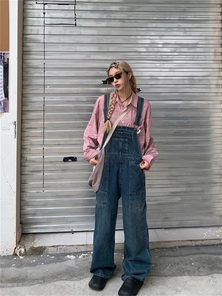 Womens Vintage Blue Overalls Fashion Wide Leg Suspender Jumpsuits Pants Female Streetwear Rompers Straight Denim Trouser 241230