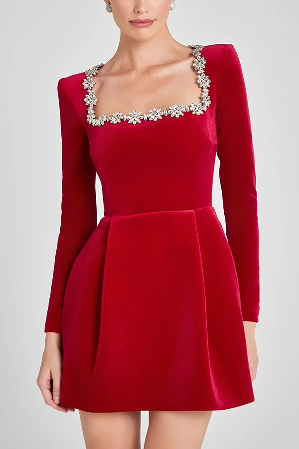 Velvet mini dress womens elegant square neckline long sleeved pleated dress womens 2025 autumn fashion party evening dress women 250103