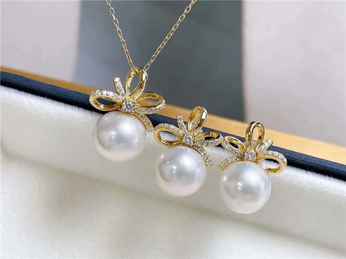 orgeous AA 10-9mm South sea 18K gold-plated bow style pearl pendant earring set 250102