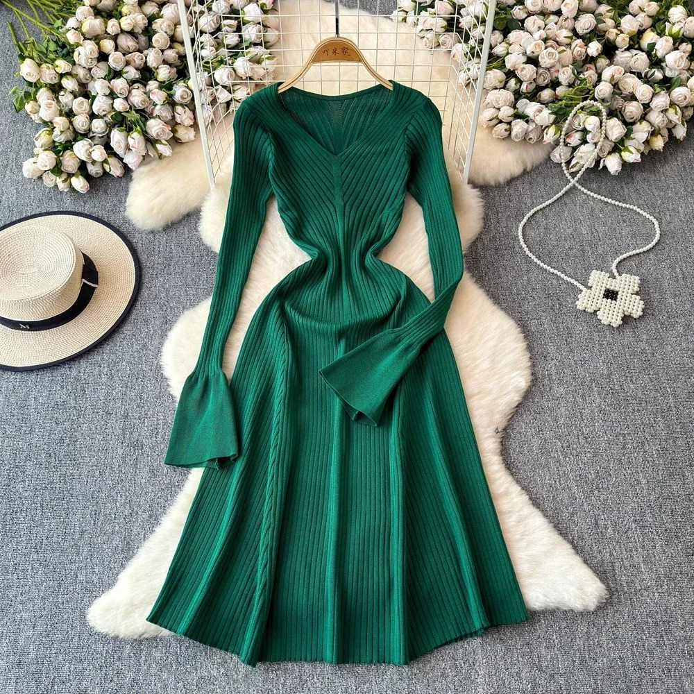 Elegant Knitted Long Dress Women Flare Sleelve V Neck Ruffles Solid Bodycon Dresses Party Fashion Office Lady Vestidos 250103