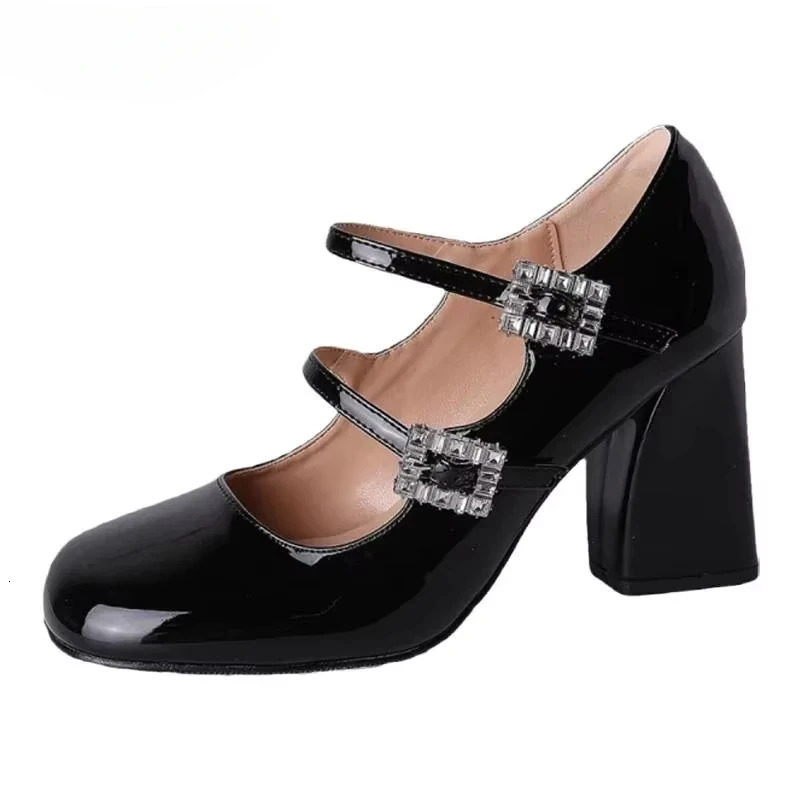 8Cm High Heel Women Mary Jane Fashion Crystal Buckle 2025 Spring Autumn Nightclub Party Pumps Shoes