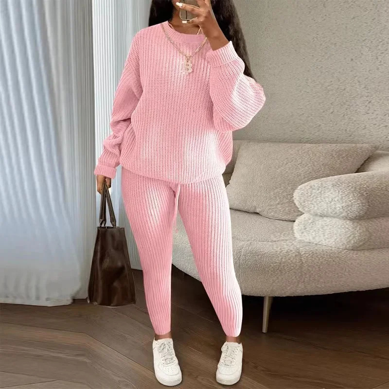 Winter two-piece womens clothing autumn fashion casual solid round neck zipper loose pit knitted sweater set 241230
