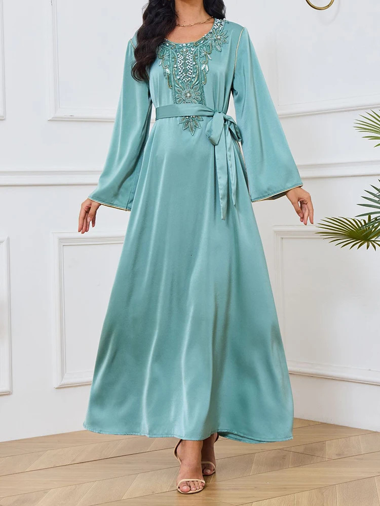 Lanmrem Elegant Party Long Dress Womens Diamond Splicing Round Neck Loose Dress Fashion 2025 Spring Style 32C721 250103
