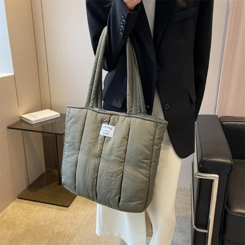 Fashion Cotton Padded Handbag Tote Bag Womens Satchel Female Shoulder Bags Quilted Shopper Bag Purse Bolsa Hobo 250102