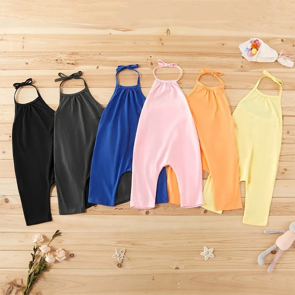 2023 Baby Pants Kids Backless Straps Clothes Girls Lace Up Jumpsuit Children Summer Harem Overalls Candy Color Fashion Trousers 241230z