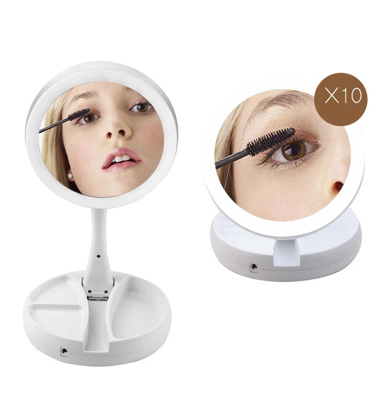 1pc Battery/USB Dual Purpose Double-Sided Mirror LED Makeup Mirror Portable Makeup Mirror Makeup Light With 10XMagnification 250103