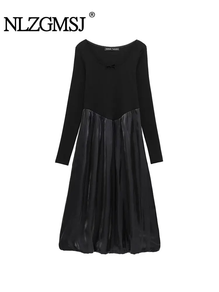 TRAF 2025 Womens Dress Splicing Lantern Midi Dress Elegant Womens Long Sleeve Party Dress 250103
