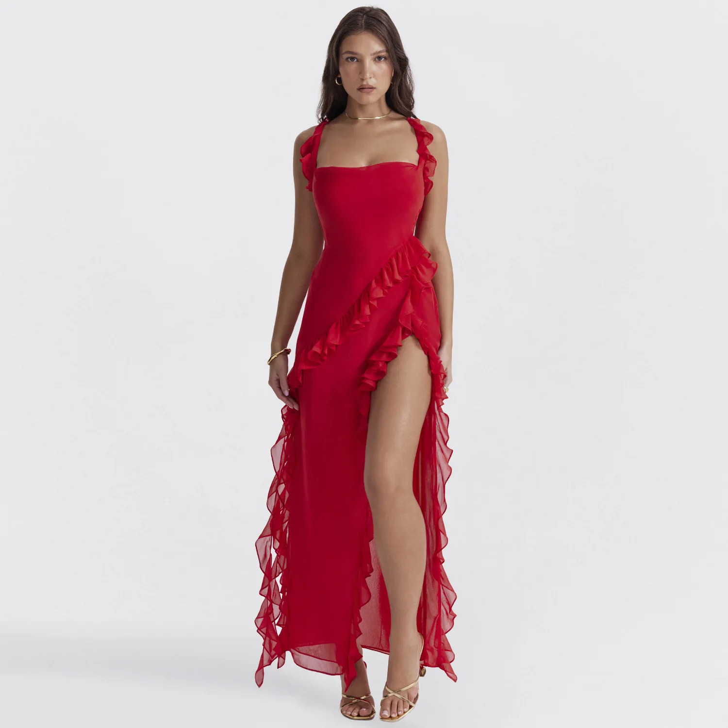 Womens Ruffle Edge Long Skirt Sleeveless Solid Color High Split Party Cocktail Evening Dress Summer Y2k Clothing 250103