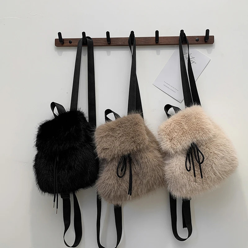 Plush Fashion Backpacks Rabbit Fur Student Sweet Womens Bags on Sale Solid Soft Fashion Backpacks 250102