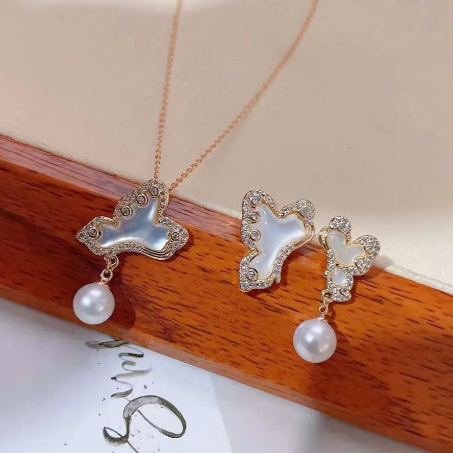 Butterfly Shell Butterfly Set 7-8mm Round Natural Freshwater Akoya Pearl Necklace Asymmetric Pearl Earring Set 250102