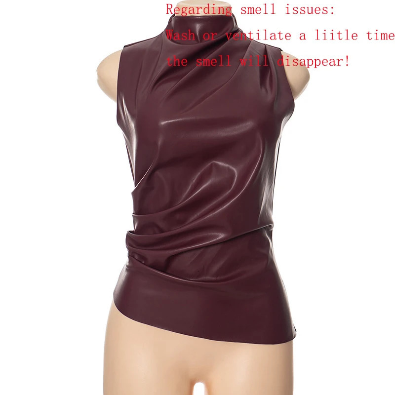 Gtpdpllt PU Leather Can Top Fashion Asymmetric Ruffle Sleeveless Shirt Winter Sexy Womens T-shirt Y2K Clothing 250103