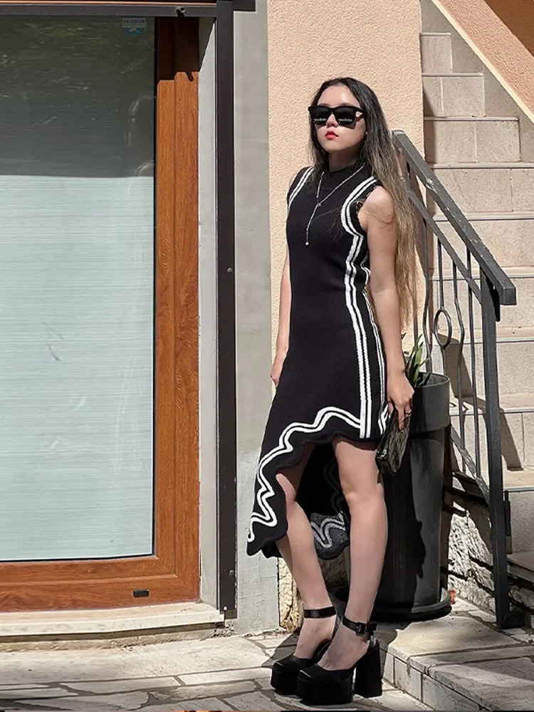 Knitted Asymmetric Wavy Dress Women Contrast Hem Ruffle O-neck Sleeveless Slim High Waist Dresses Female Fashion Lady Streetwear 250102