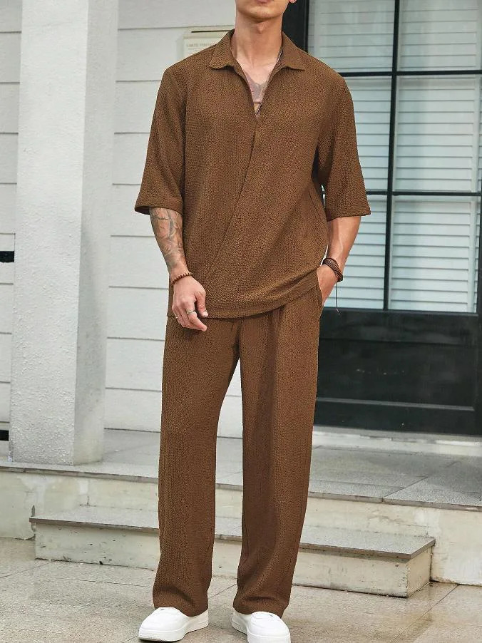 Summer Mens Set Half Sleeved Shirt and Long Pants Two-piece Turn-down V-neck Casual Streetwear Holiday Loose Suit s 250103