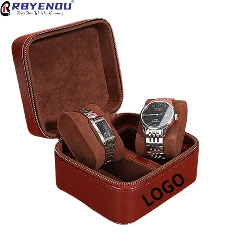 PU portable flip Buckskin velvet zipper watch box 2 slots large watch pillow jewelry display gift storage box customization 250102