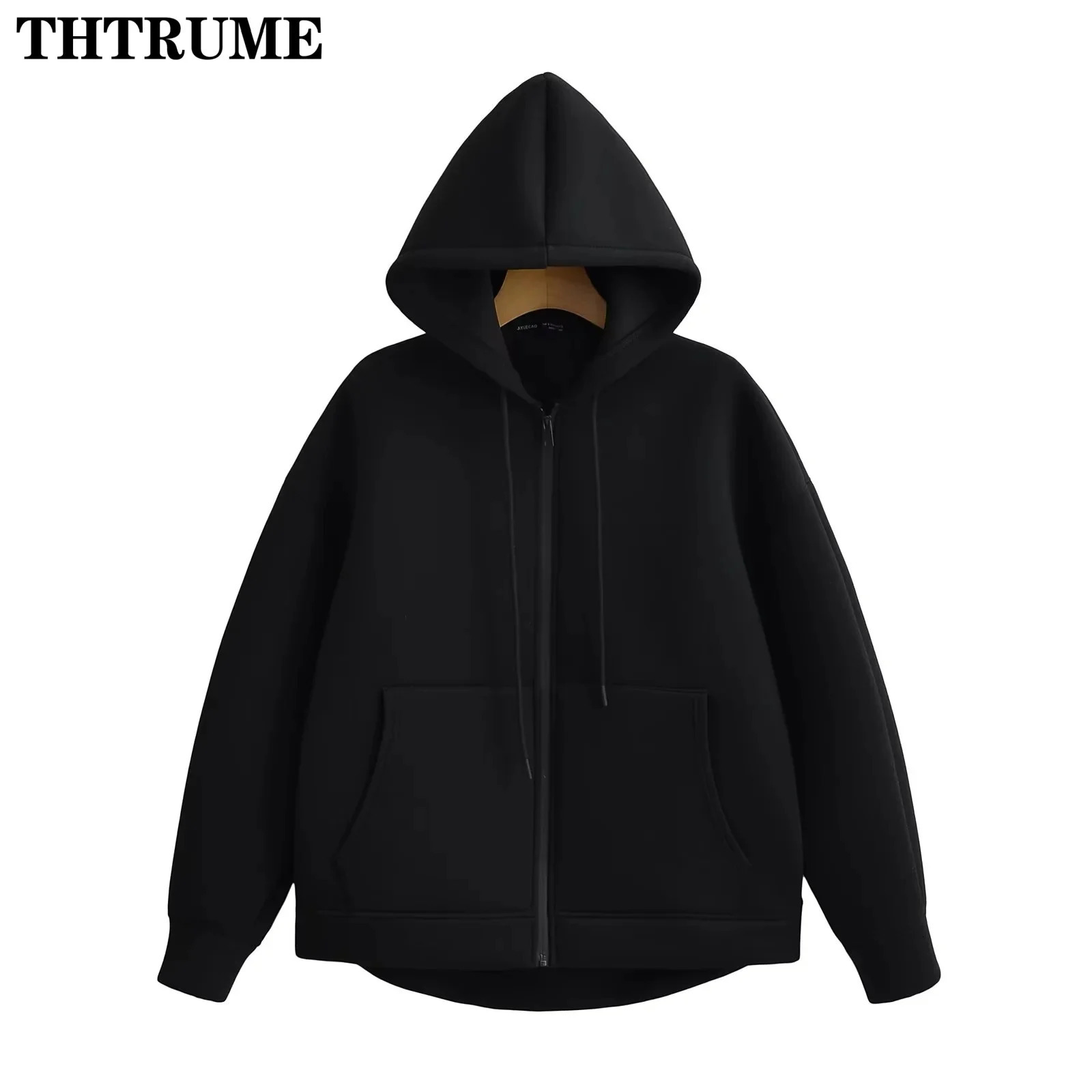 Elegant Oversized Solid Hoodies Fashion Women Autumn Winter Long Sleeve Hooded Tops Casual Zipper Pocket Vintage Sweatshirts 250103