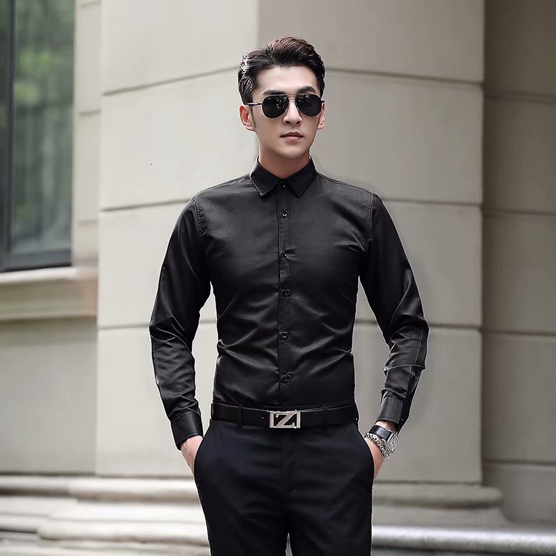 White shirt mens long sleeve slim fit no iron solid color professional business dress work white mens suit shirt