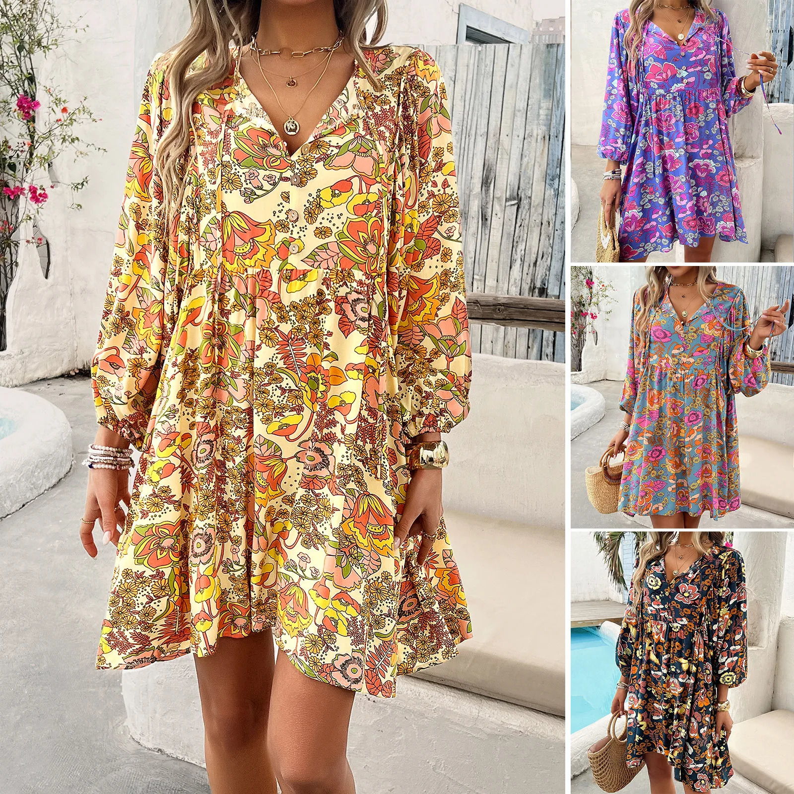 Womens dress Spring and Autumn womens casual holiday print V-neck long sleeved dress womens casual loose dress womens dress 250103