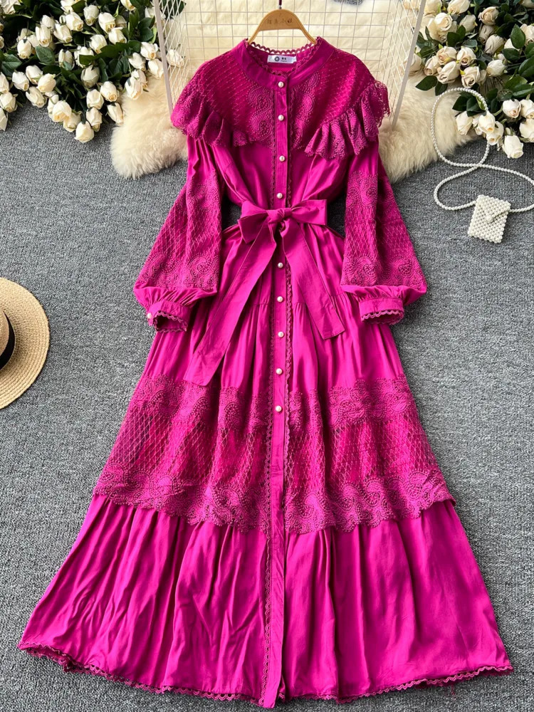 XFPV Retro Lace Embroidery Long Dress Vestidos Women Lantern Sleeve O-neck Single Breasted 2025 Summer Clothing SM11283 250103
