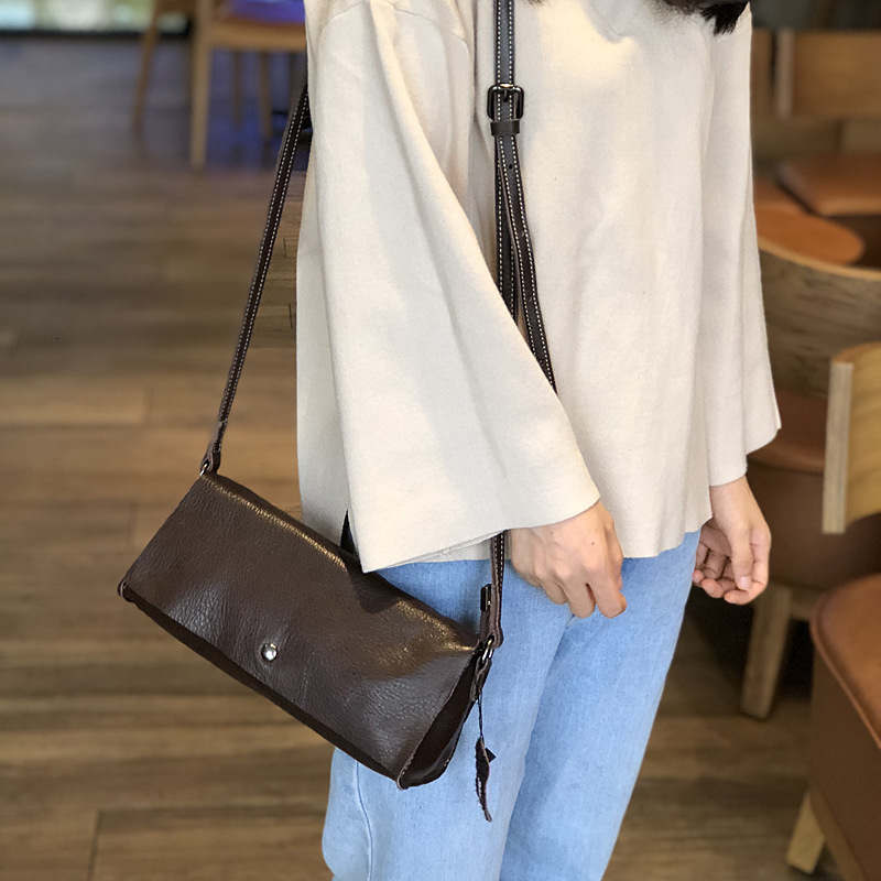 2025 new genuine leather crossbody Korean version Sen series square toe layer cowhide women's simple shoulder small bag