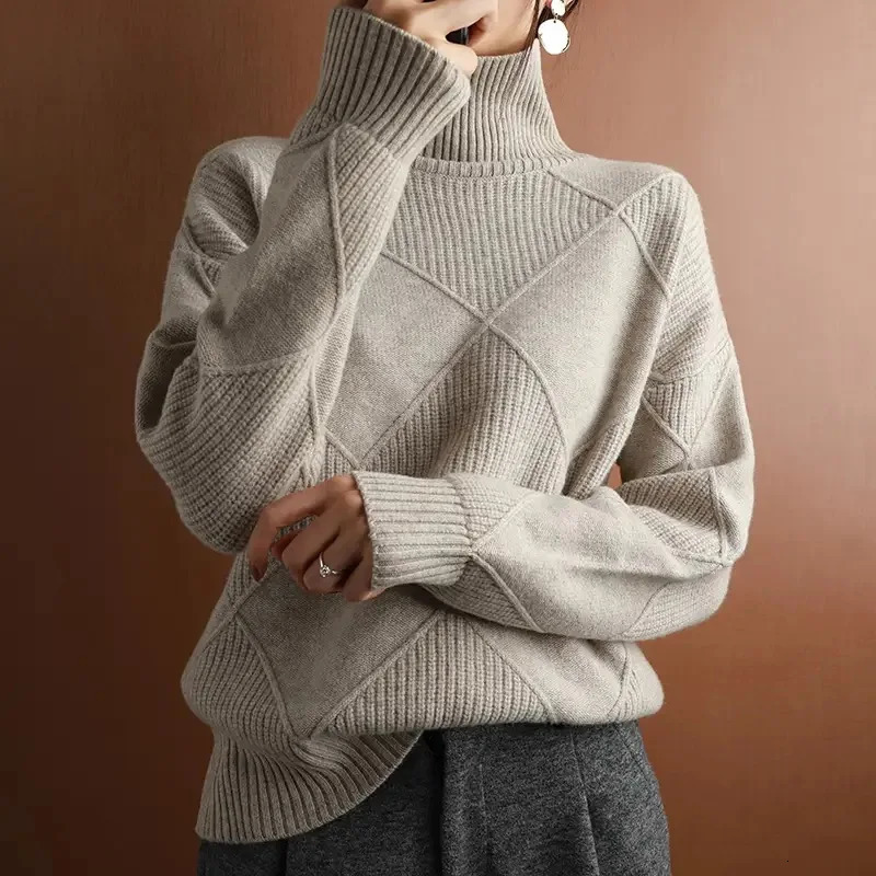 Autumn and Winter Womens Pullover Sweater Thickened Warmth Fashion Knitted Wool High Collar DF4845 241227