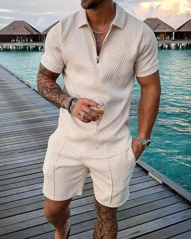 Summer Mens Tracksuit Printed Polo Lapel Shirt Shorts Sleeve And Short Pant 2 Piece Sets Social Elegant Male Clothing 250102
