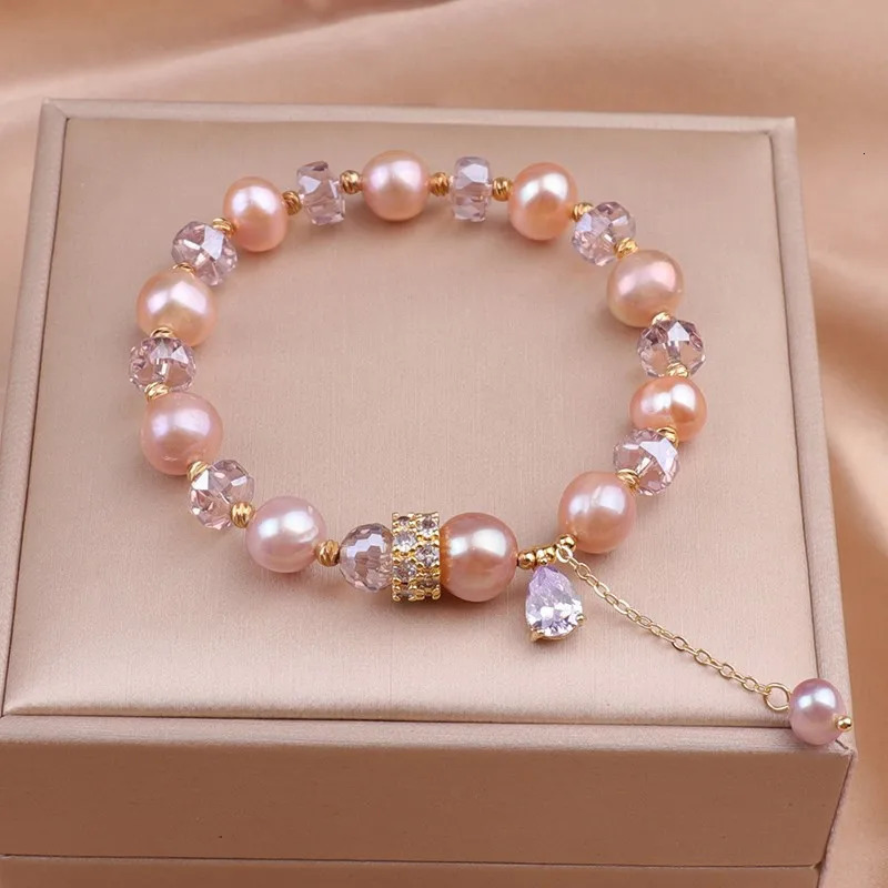 Pink Baroque Natural Freshwater Pearl Bracelet for Women Purple Crystal Bracelet Summer Nice Girls Jewelry Gifts 250102