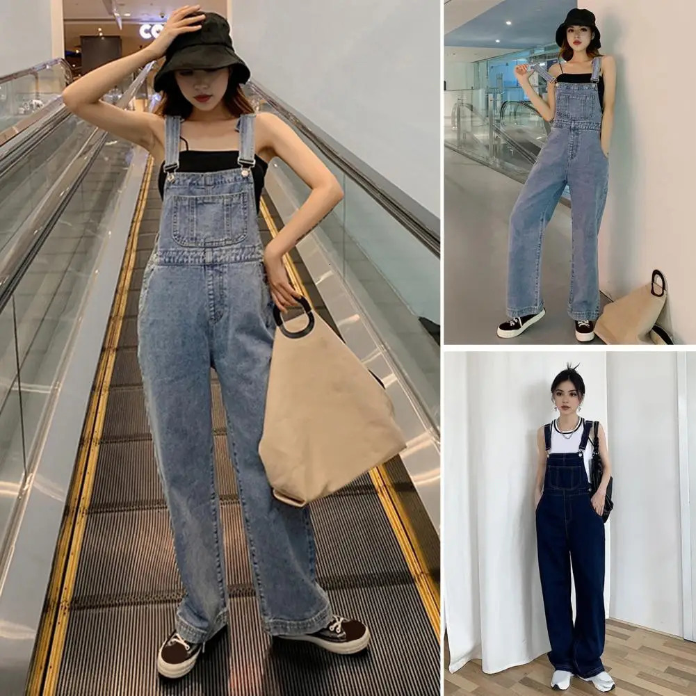 Loose Women Suspender Jumpsuit Adjsutable Strap High Waist Overalls Big Pocket Wide Leg Denim Collarless Young Style Overalls 241230