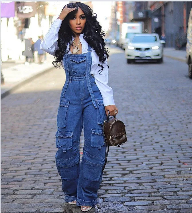 Fashion Denim Jumpsuits for Women Summer Y2K Clothing Solid Big Pockets Jean Rompers Playsuits One Pieces Overalls Outfits 241230