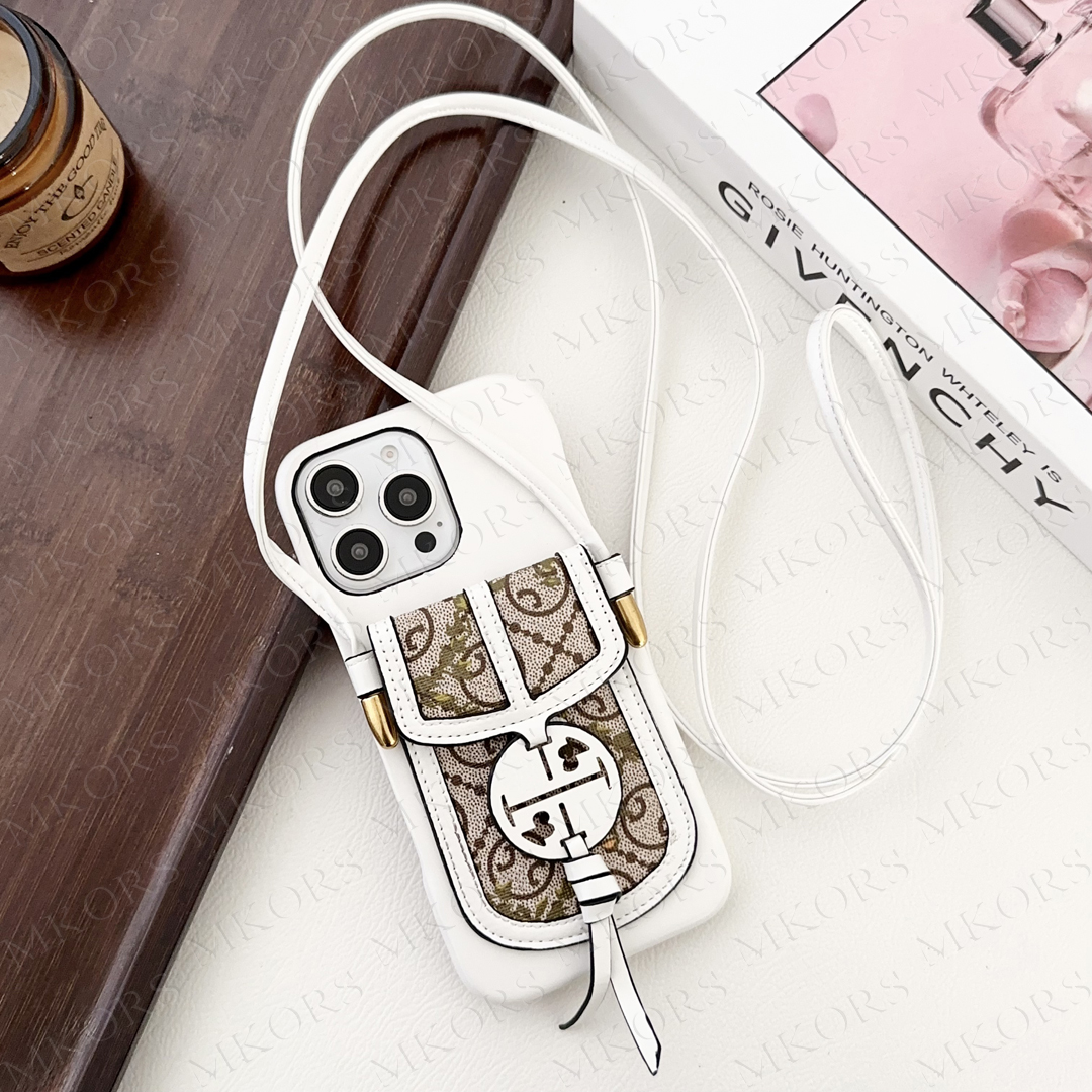 Classic Dsignr T-B Phon Cas for iPhon 16 15 Plus 14 13 12 11 Pro Max Lathr Card Slot Pockt Holdr Storag Shouldr Nck Strap Covr Ladis Girls