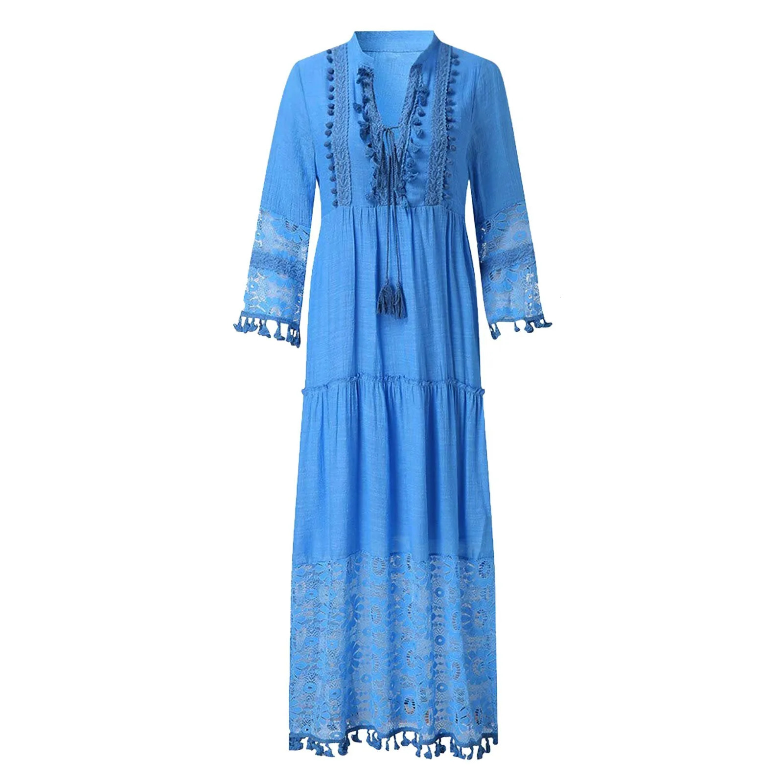 lace bohemian dress womens embroidered crochet tassel pleated long skirt summer V-neck womens swaying beach sun skirt bohemian dress 250103
