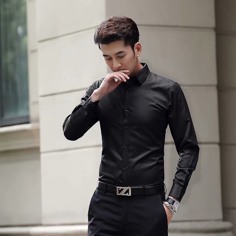 White shirt mens long sleeve slim fit no iron solid color professional business dress work white mens suit shirt