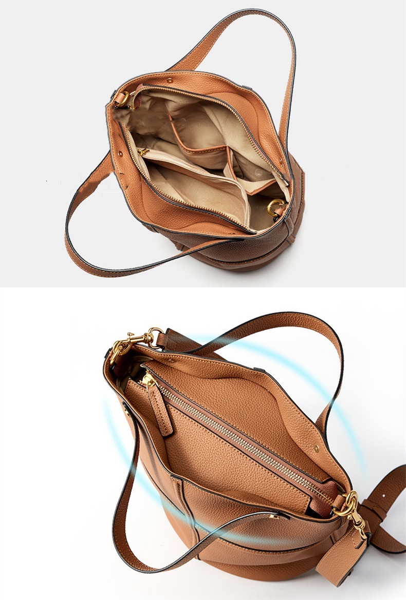 Fashion Genuine Leather Tote Handbags For Women Trendy Brown Commuter Small Hand Bag Female Shoulder Crossbody Buket Purse