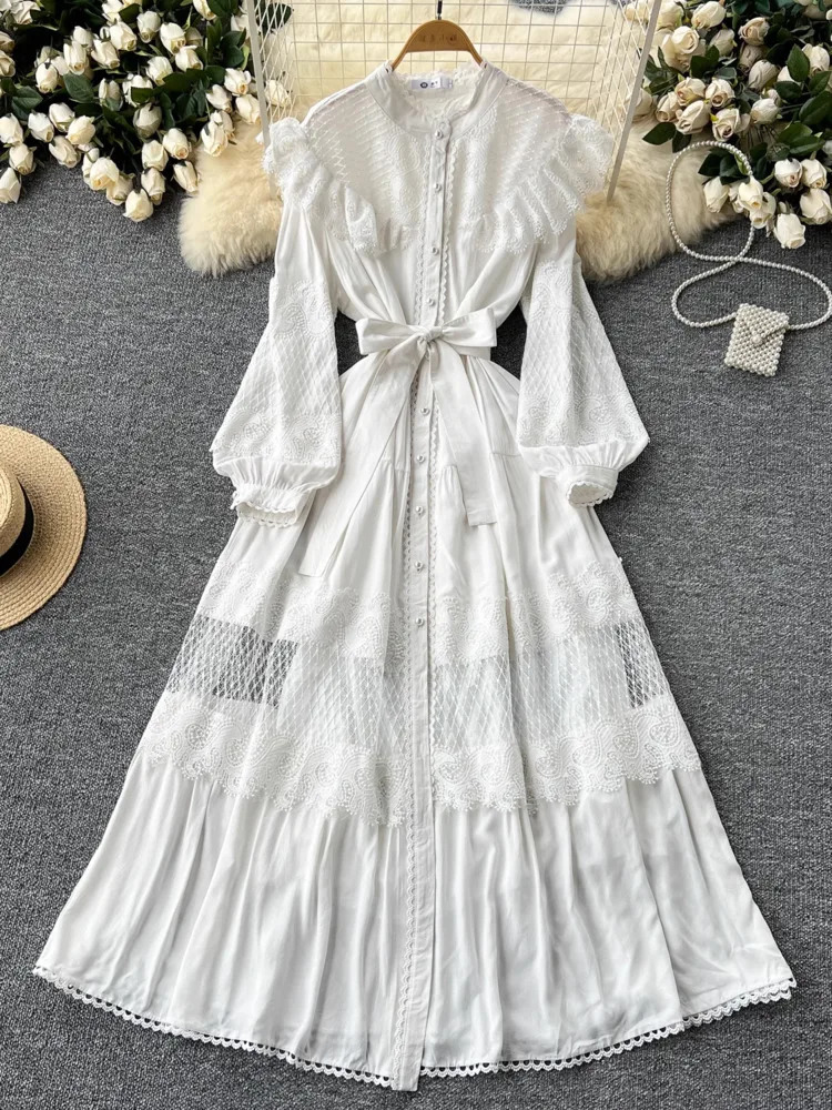 XFPV Retro Lace Embroidery Long Dress Vestidos Women Lantern Sleeve O-neck Single Breasted 2025 Summer Clothing SM11283 250103