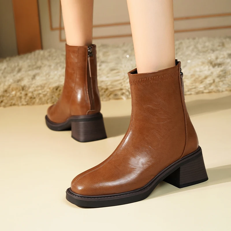 AIYUQI Booties Women Genuine Leather Winter Shoes Boots Ladies Fashion Square Toe Women's Ankle Boots