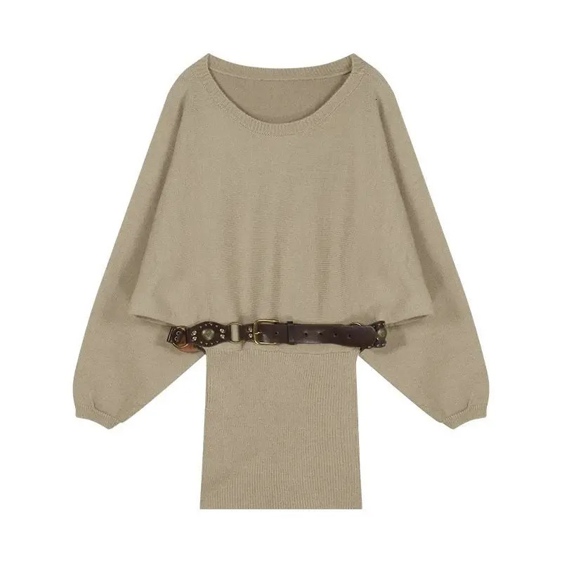 Winter Advanced Personality Offshoulder Knitted Khaki Sweater Dress Womens Temperament Waist Slimming Elastic Skirt Short Skirt 250102