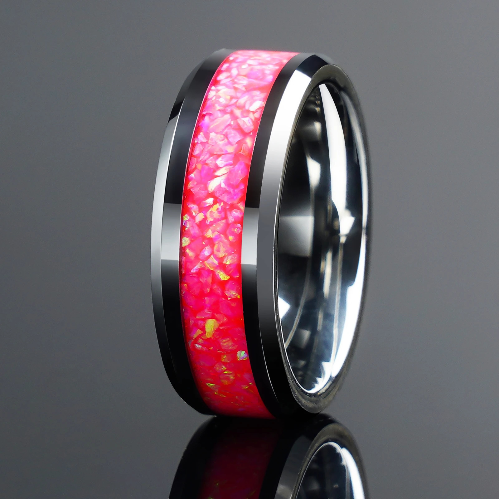6/8mm Pink Opal Silver Tungsten Couple Ring For Him And Her 250103
