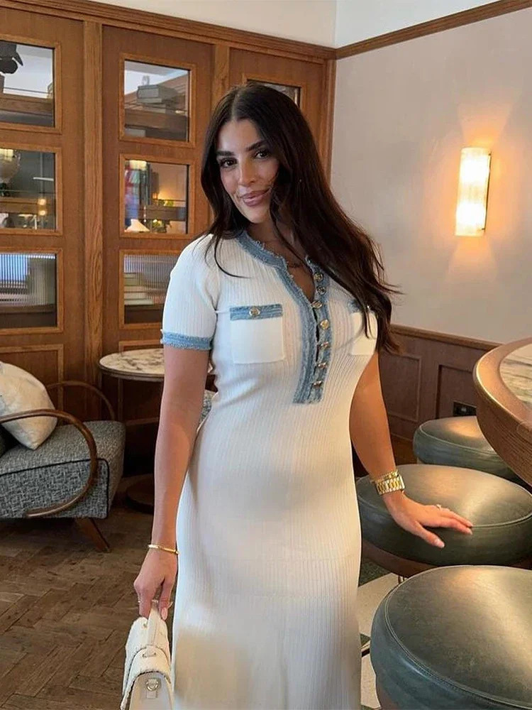 Elegant V Neck Denim Patchwork Knitted Long Dress Women Fashion Short Sleeved Buttons Bodycon Dresses Office Lady Pockets Robes 250102